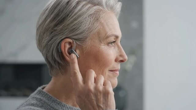 Older Woman Wearing Wireless Earbuds in Quiet Home Setting