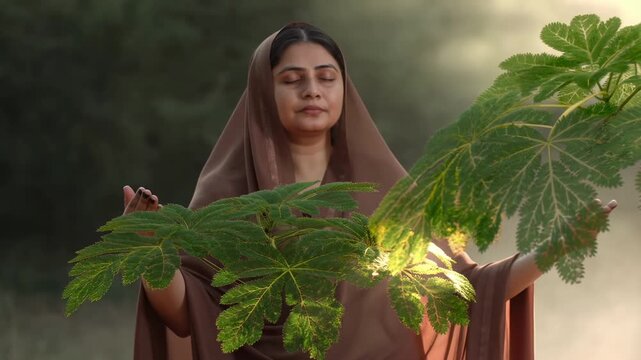 Indian woman praying to holy tulasi plant in morning fog for spiritual peace