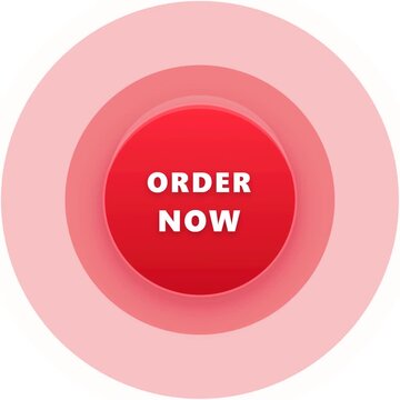 Red circular order now button with concentric pink rings on a white background.