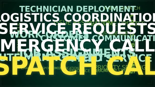 Dynamic typographic background with bold yellow and white text highlighting dispatch and logistics terms on dark green surface, concept for efficient field service management, ideal for business