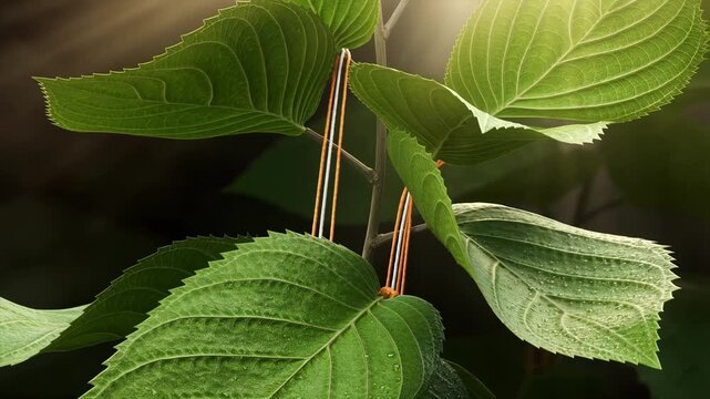 Sunlit tulasi plant leaves swaying gently in the breeze with soft golden backlit atmosphere