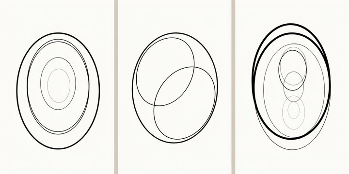 Minimalist line compositions featuring intersecting ovals and ellipses on white background