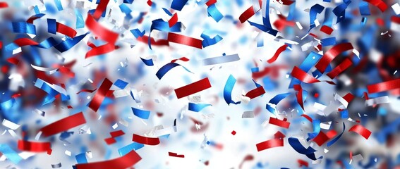 Obraz premium A festive display of red, white, and blue confetti is seen falling.