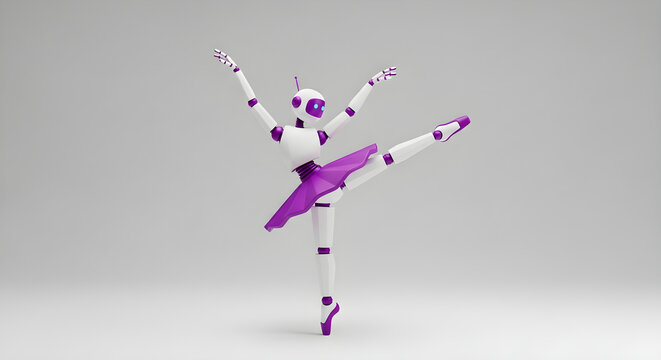 A 3D digital illustration of a graceful white and purple robot ballerina performing a classic ballet dance pose on a minimalist light gray studio background