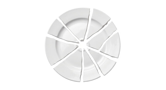 Broken white ceramic plate shattered into many pieces on transparent background.