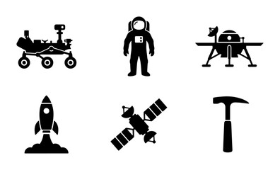 Space Exploration Icons: Rocket, Astronaut, Rover, Lander, Satellite, Hammer © Kabita
