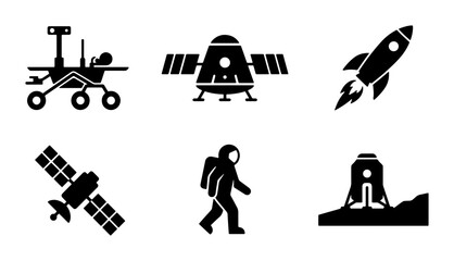 Space Exploration Icons: Rocket, Rover, Astronaut, Satellite, Lander, Capsule Set © Kabita