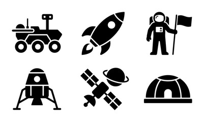 Space Exploration Icons: Rocket, Astronaut, Rover, Satellite, Lander, Dome Set © Kabita