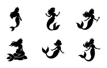 Obraz premium Mermaid Silhouettes Collection, Mythical Sea Creatures Vector Icons, Fantasy Underwater Princess Graphics