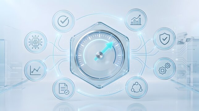 Futuristic digital dashboard interface with speedometer and technology icons for business performance