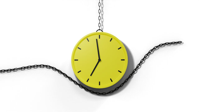 Hanging yellow clock with a dark metal link chain curving underneath