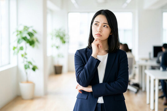 オフィスで顎に手を当てて真剣な表情で考える女性会社員｜悩み・問題解決・仕事・ビジネスのイメージ