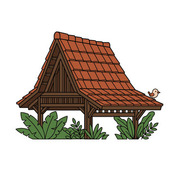 Traditional wooden pavilion vector illustration with clay tile roof and tropical foliage