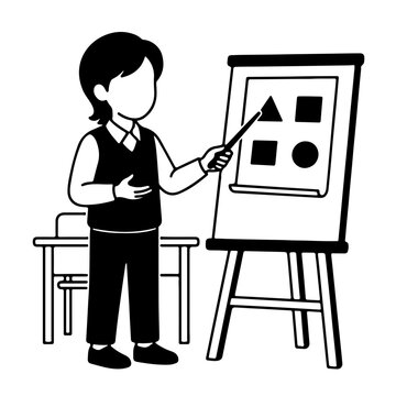 Female teacher pointing to shapes diagram on presentation board in classroom vector illustration isolated on white background