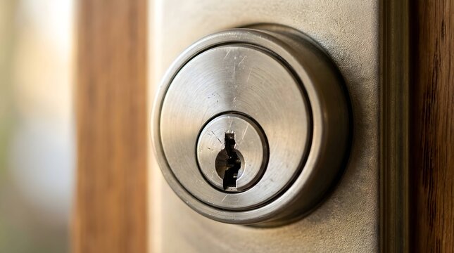 Modern steel door deadbolt lock closeup in residential interior