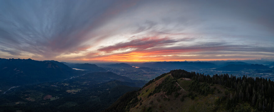 Sunset Over Mountain Valley on Elk Mountain Near Chilliwack BC Canada With Dramatic Sky