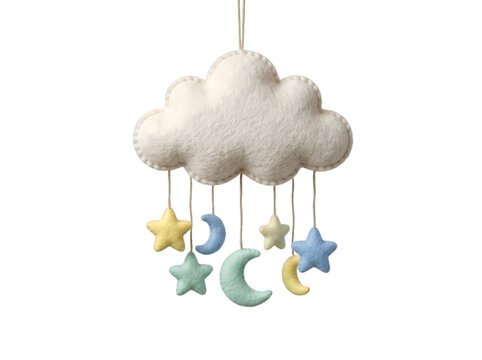 Baby nursery mobile with soft plush cloud stars and moons isolated on transparent background