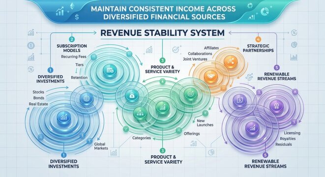 Revenue Stability System Infographic: Maintaining Consistent Income Across Diversified Financial Sources