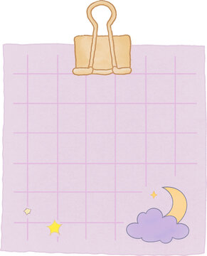 Cute pastel purple grid memo pad with binder clip and moon illustration template