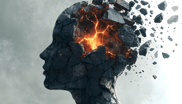 Mental health burnout and emotional breakdown concept. Psychology crisis and inner stress. Cracked stone human head shattering with glowing fire energy inside