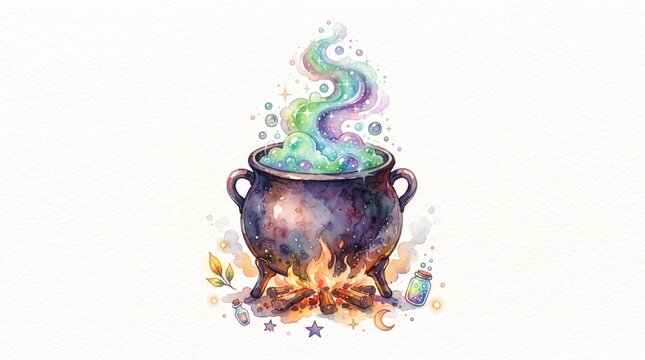 A magical watercolor witch cauldron boiling over fire with colorful smoke