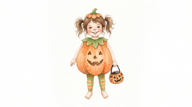 Cute watercolor illustration of a little girl in a pumpkin costume