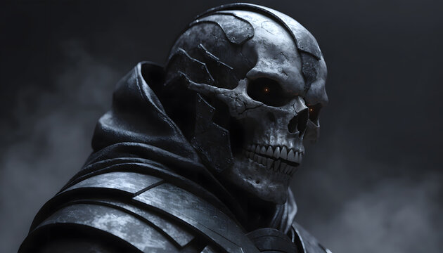 Dark scifi cyborg skull warrior in armored hoodie cape. Apocalyptic mechanical soldier portrait. Futuristic cybernetic skull assassin standing in misty dark smoke background