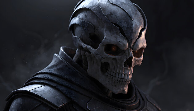 Dark fantasy futuristic skeleton soldier in iron armor. Cybernetic skull warrior portrait. Armored biomechanical alien skull figure glowing with yellow eyes in dark smoke