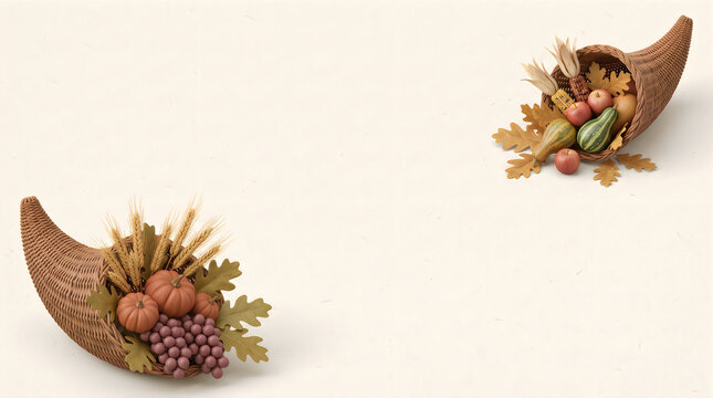 Two woven cornucopias filled with autumnal harvest against a neutral background