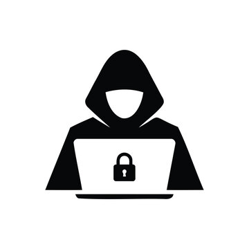 Black and white vector silhouette of a hooded cyber criminal sitting at a laptop computer displaying a secure padlock icon.