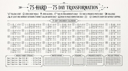 Fototapeta premium 75 Day transformation habit tracker sheet features check boxes and progress tracking elements