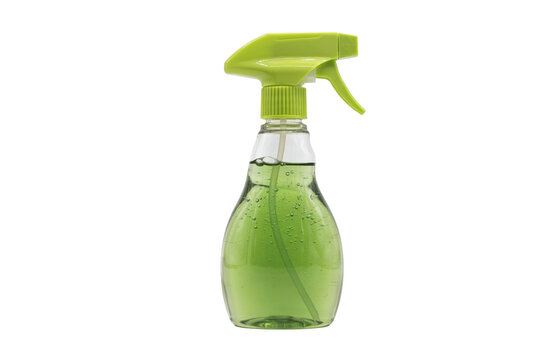 Clear plastic spray bottle filled with green liquid and a lime green trigger mechanism for household cleaning isolated on a transparent background