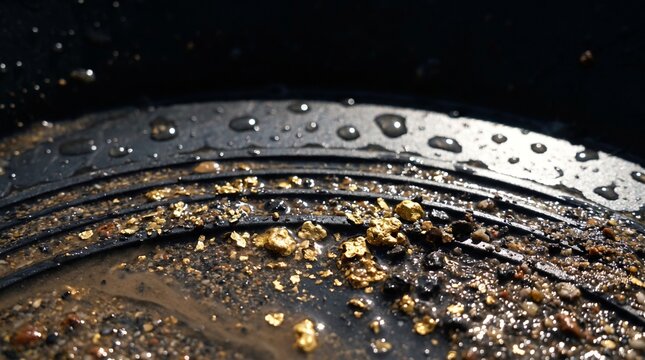 Natural placer gold flakes shimmering in a wet black panning pan  