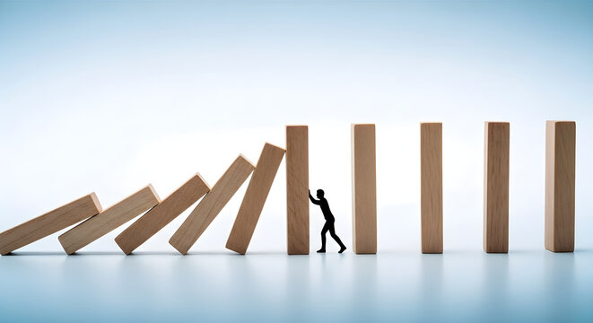 A miniature person heroically stops a falling line of wooden dominoes to prevent a chain reaction in a metaphorical conceptual business challenge