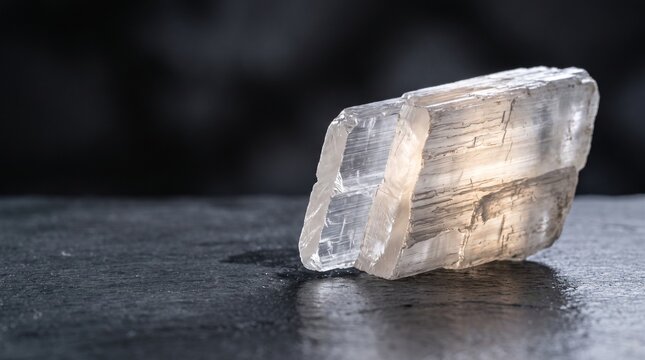 Natural selenite gypsum crystal specimen on a dark surface  