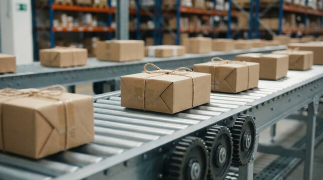 Conveyor belt system transporting multiple neatly wrapped cardboard packages in a warehouse environment.