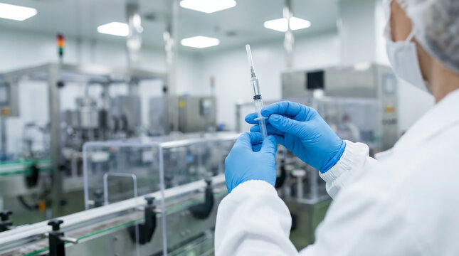 A healthcare worker in protective gear holds a syringe in a clean, sterile laboratory environment, indicating preparation for vaccine administration.