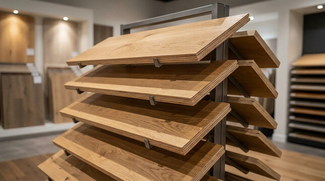 Display rack featuring multiple wooden flooring samples in a showroom with warm lighting and modern interior design.