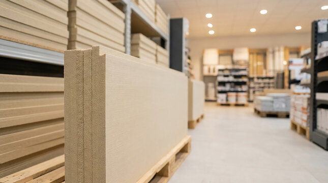 Interior of a warehouse or store displaying stacked drywall panels and shelves filled with construction materials.