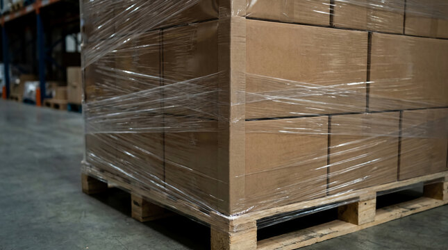 A stack of cardboard boxes wrapped in plastic on a wooden pallet, situated in a warehouse environment.
