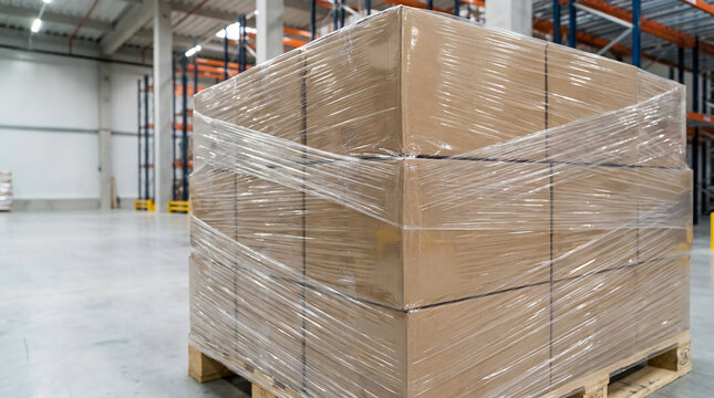 A stack of cardboard boxes wrapped in plastic on a wooden pallet, stored in a spacious warehouse with industrial shelving in the background.