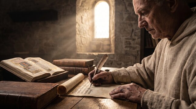 Older monk writing in a manuscript inside a quiet monastic scriptorium  