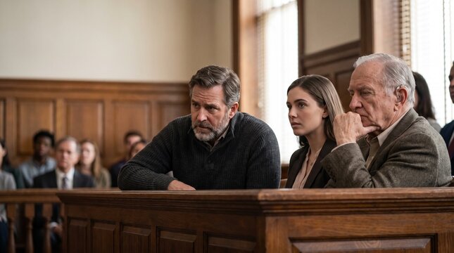 Diverse jury panel seated in a traditional wooden jury box during trial  