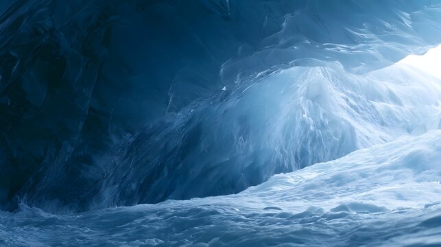 A luminous ice cave with smooth  translucent walls and a bright  snowy foreground under cool blue lighting