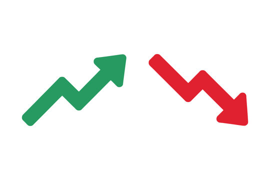 Green up arrow and red down arrow growth graph vector icon set