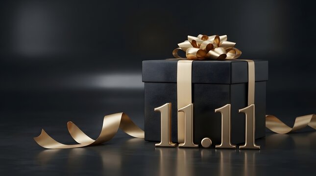Black gift box with gold ribbon and 1111 text on a dark background