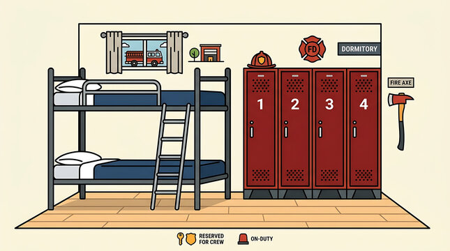 Fire station dormitory with bunk beds and lockers
