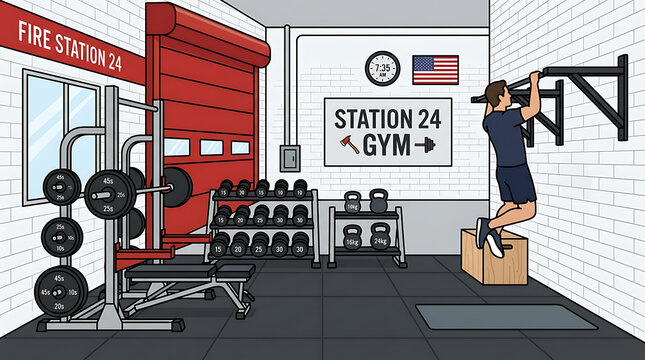 Firefighter performing pull-ups on a wall-mounted bar in a station workout room