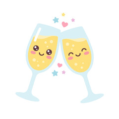 Fototapeta premium Two cute champagne glasses toasting with happy faces and stars.