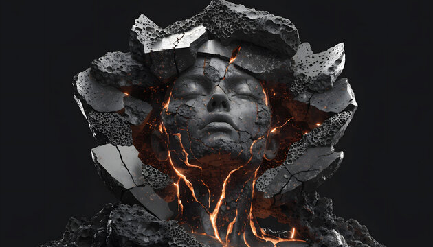 Fragmented volcanic stone woman face revealing magma. Mental pressure and spiritual awakening. Broken mineral bust exploding with glowing molten energy